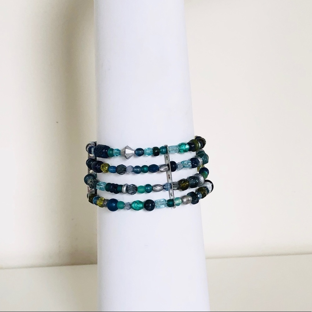 Beaded Flexible Cuff Bracelet with Blue & Green Multicolored Beads - Picture 5 of 8
